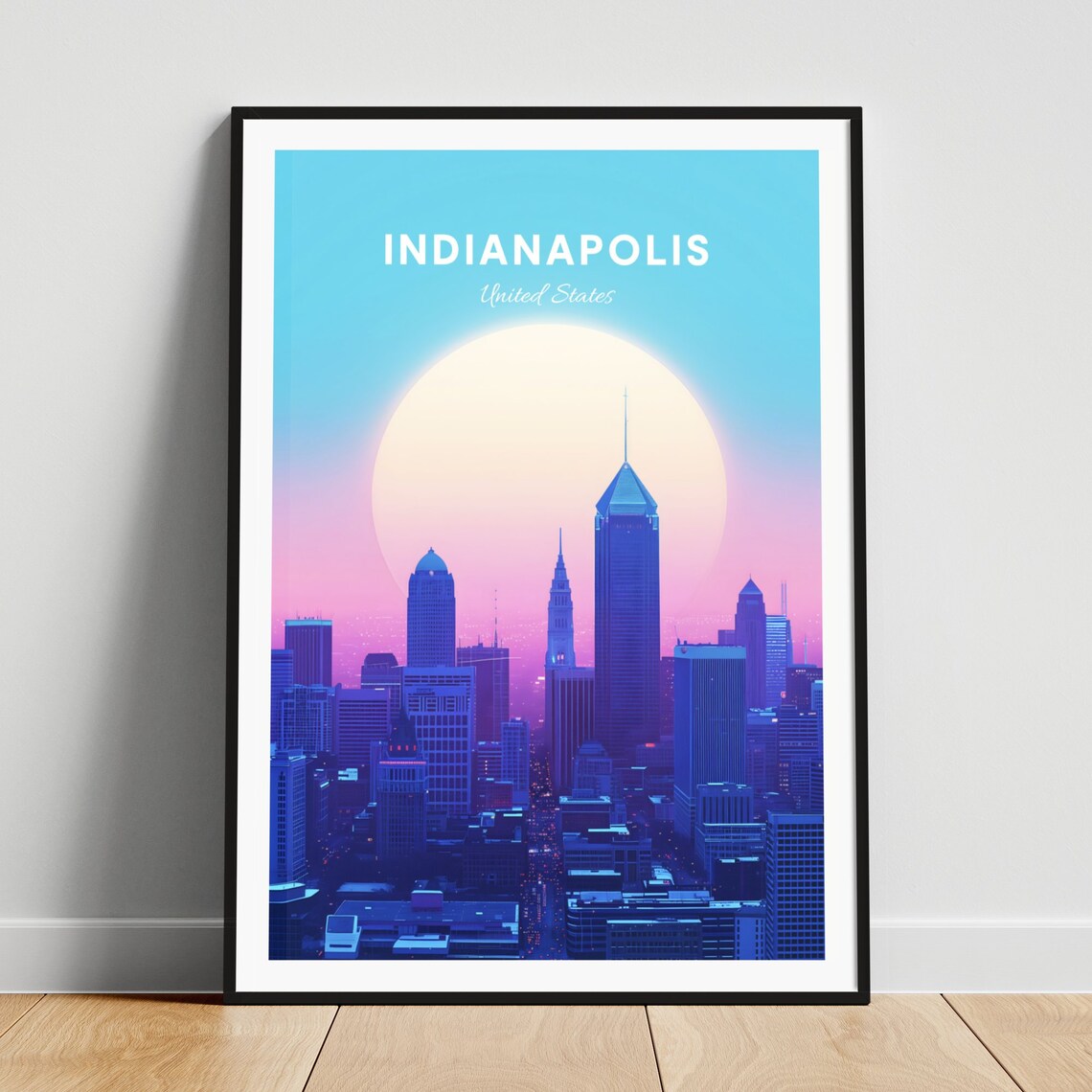 Indianapolis City Skyline at Sunset Giant Sun Purple Sky Poster