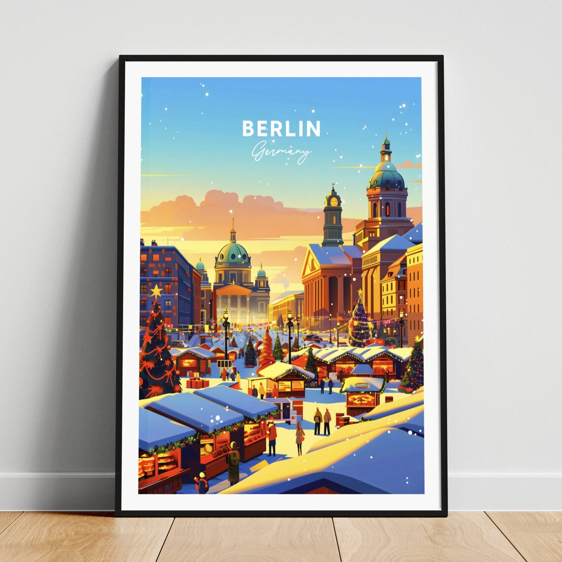 Berlin Germany Snowy Christmas Market Holiday Lights Travel Poster
