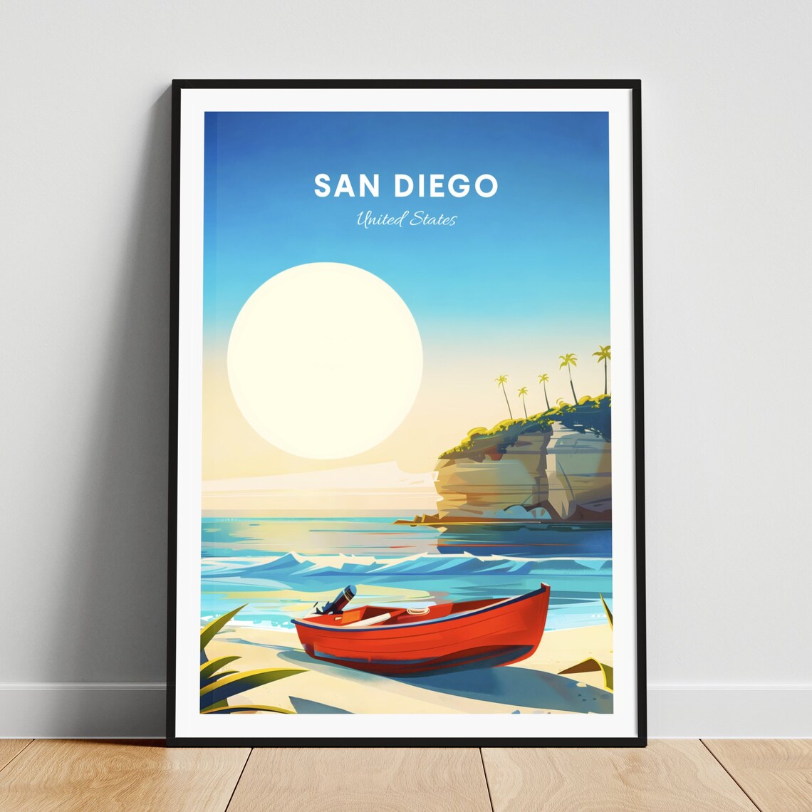 San Diego California Red Rowboat Beach Cove Coastal Travel Poster