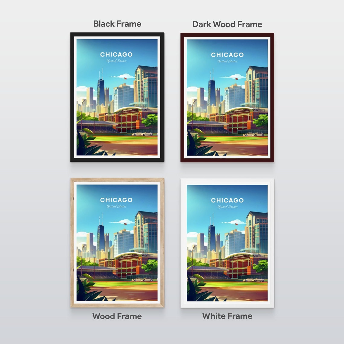 Chicago Illinois Brick Stadium Bleachers Skyline Summer Travel Poster - Image 2