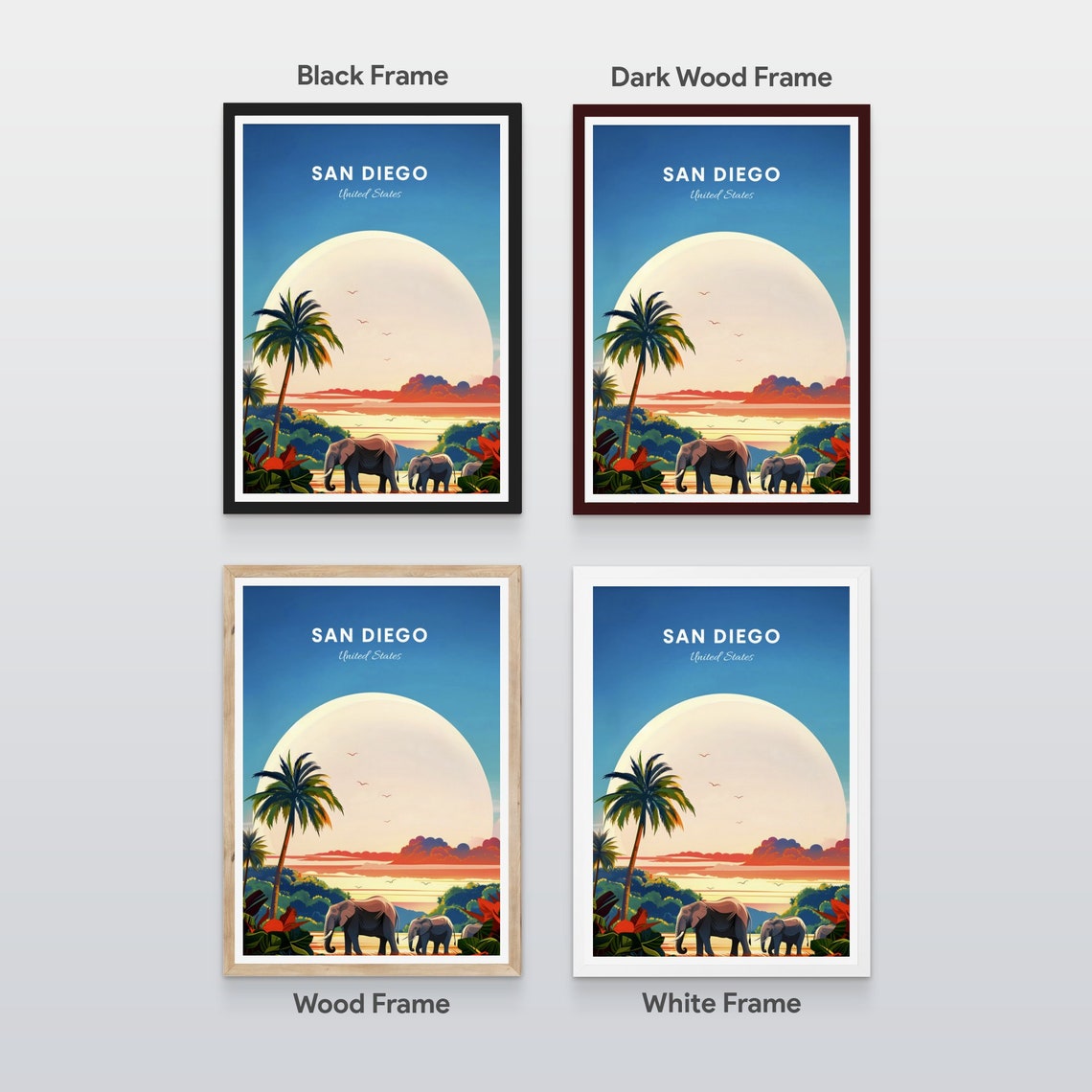 San Diego California Big Sun Elephants Sunset Safari Travel Poster - Image 2