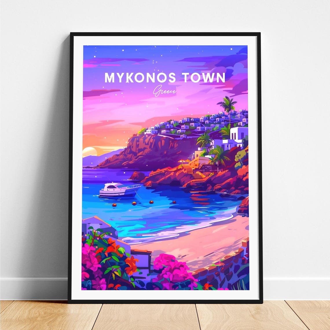 Mykonos Town Greece Sunset Cliffside Town Harbor Travel Poster