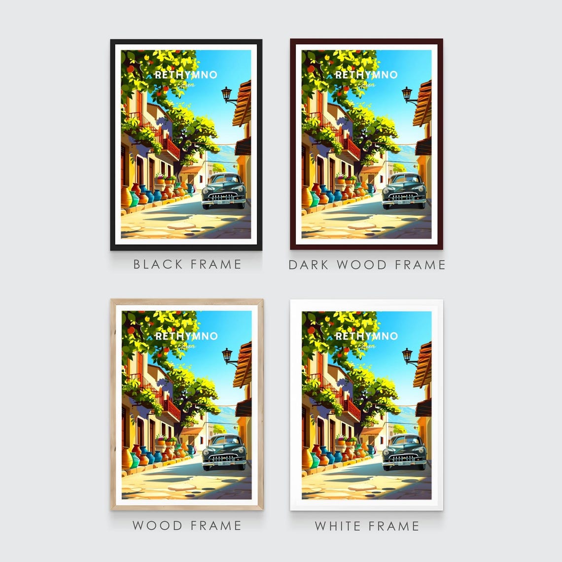 Rethymno Greece Old Street Pottery Vintage Car Travel Art Poster - Image 3