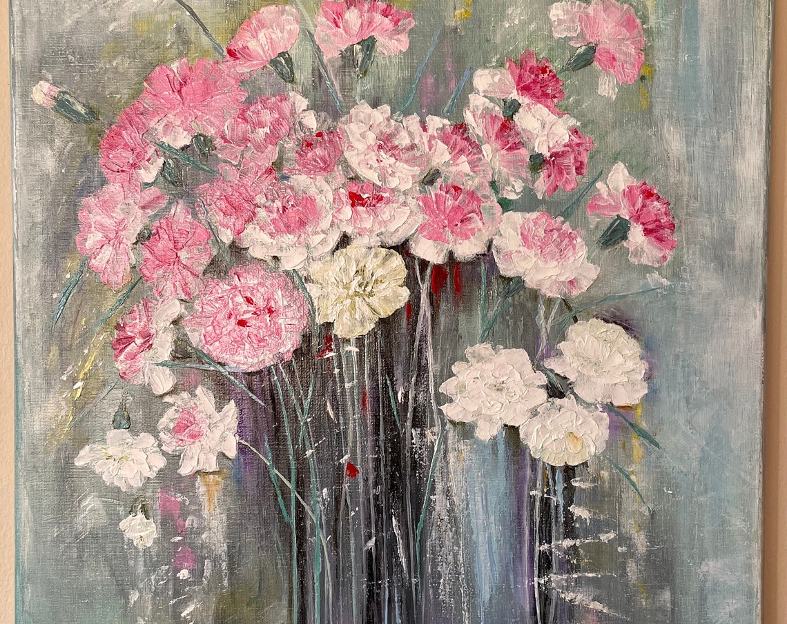 Pink White Carnations Soft Gray Abstract Contemporary Floral Poster - Image 3