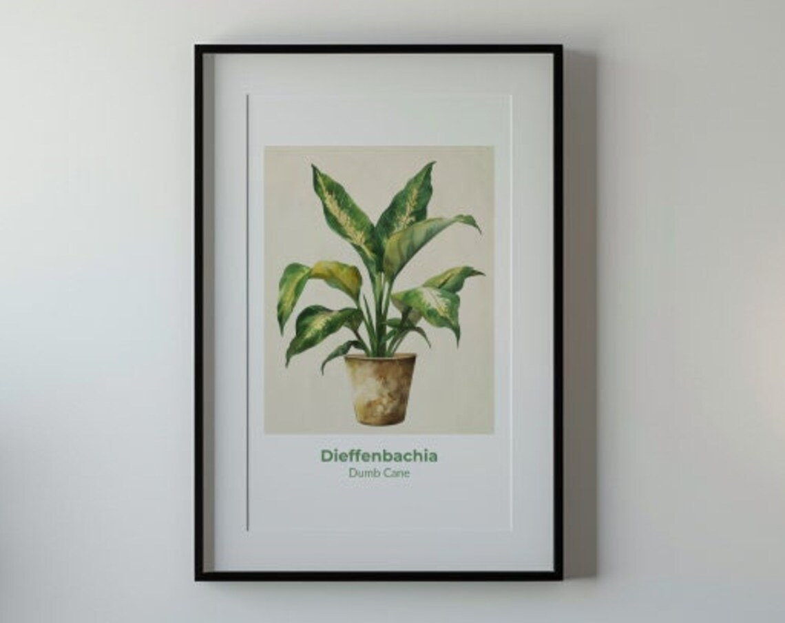 Dieffenbachia Dumb Cane Potted Plant Watercolor Botanical Art Poster