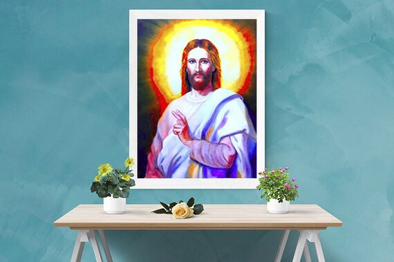 Jesus Christ Blessing Golden Halo White Robe Faith Art Poster