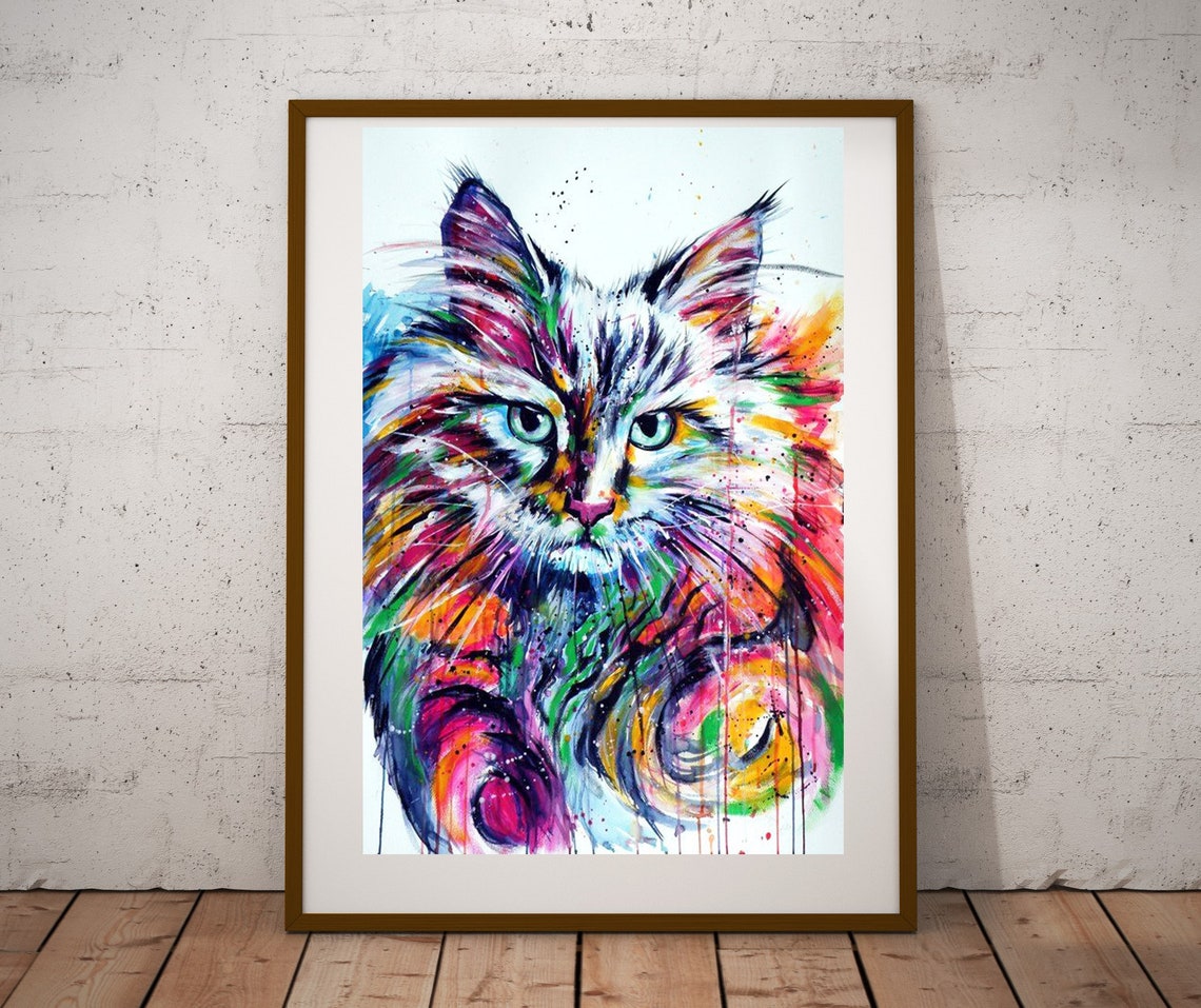 Rainbow Long Haired Cat Watercolor Portrait Splash Art Poster