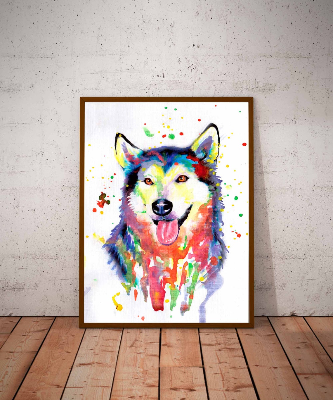 Happy Husky Portrait Rainbow Watercolor Splatter Dog Wall Art