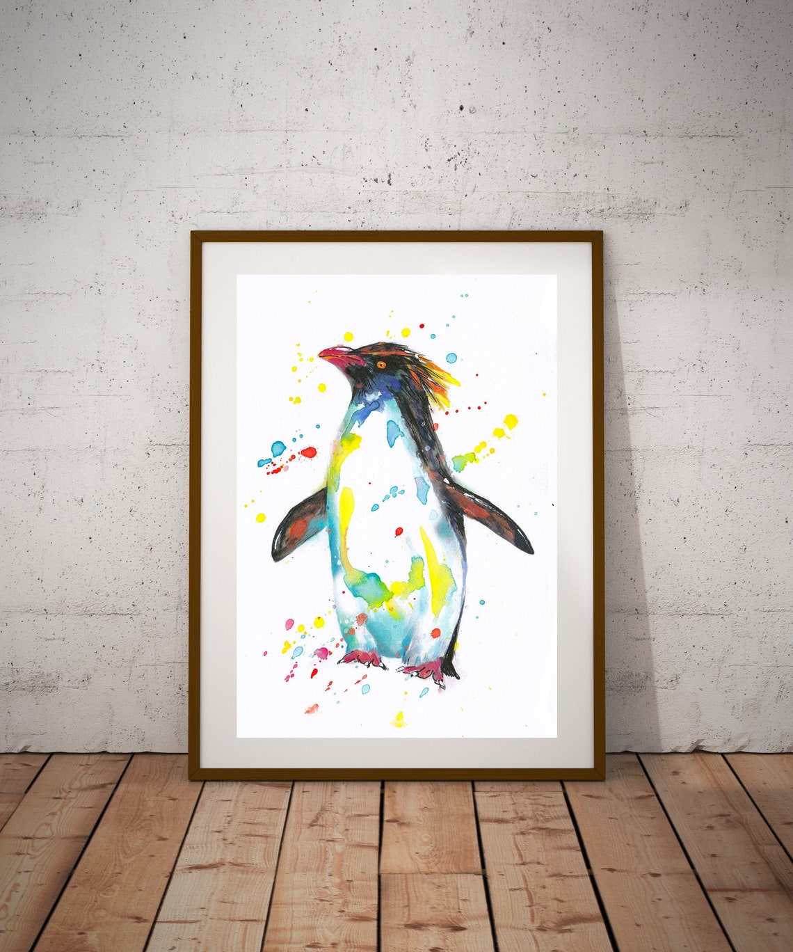 Crested Penguin Standing in Colorful Watercolor Splash Poster