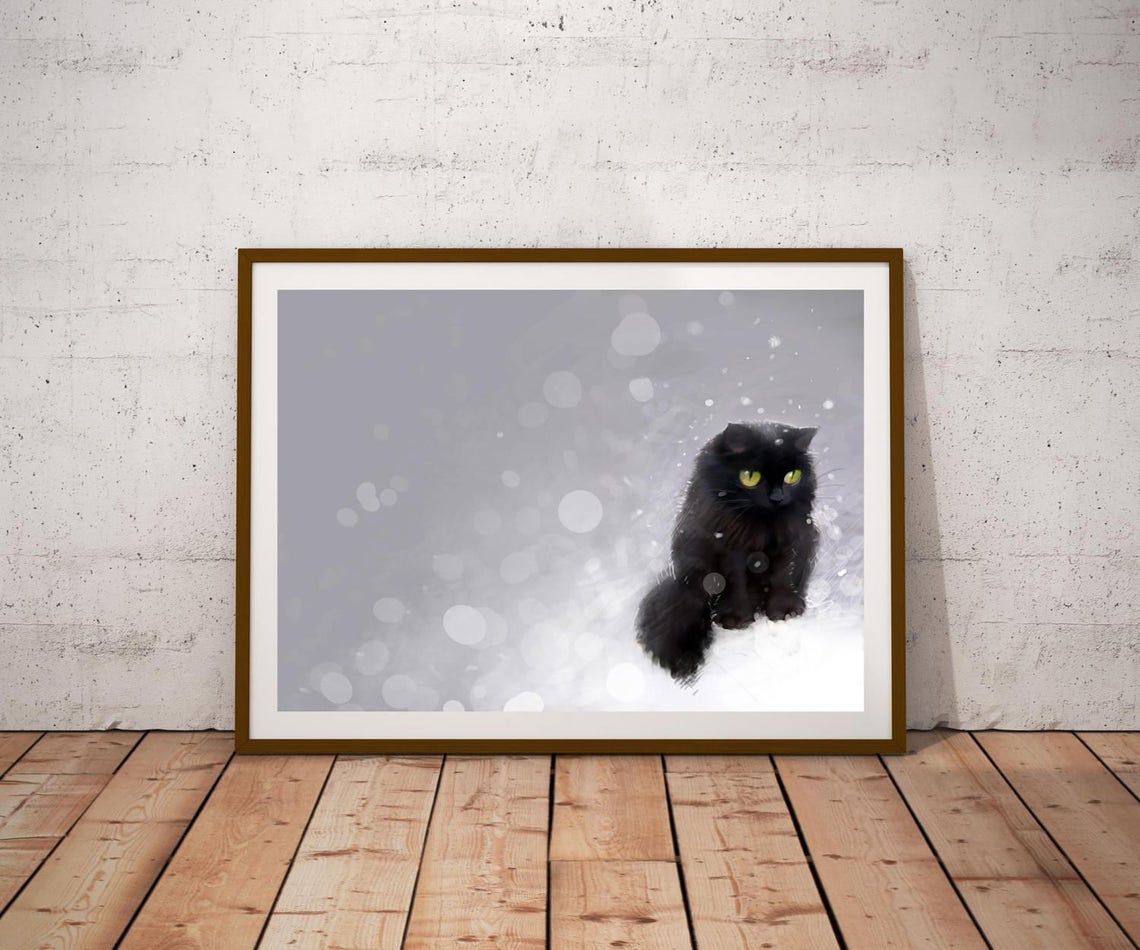 Black Cat in Falling Snow Green Eyes Winter Night Art Poster