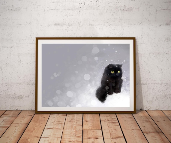 Black Cat in Falling Snow Green Eyes Winter Night Art Poster