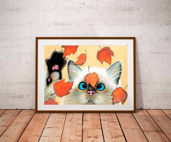 Siamese Cat Playing in Autumn Leaves Cute Fall Season Art Poster