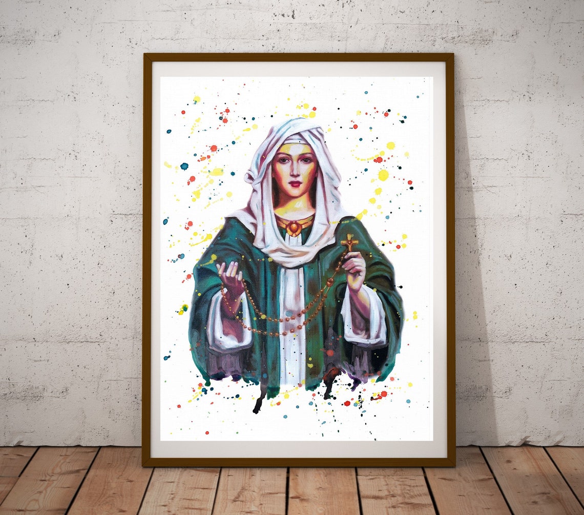 Virgin Mary With Rosary Catholic Watercolor Devotional Poster