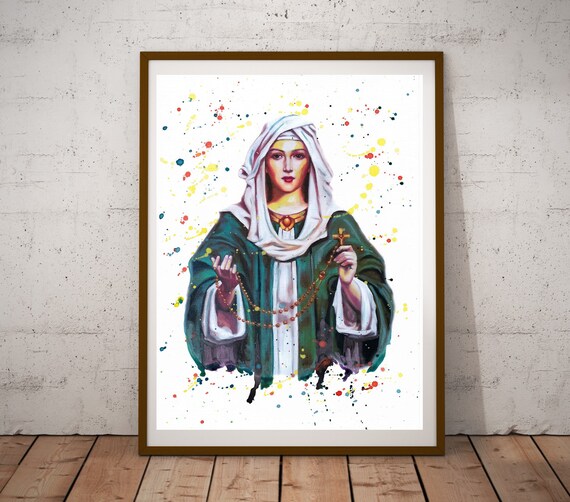 Virgin Mary With Rosary Catholic Watercolor Devotional Poster