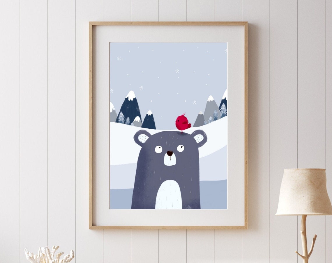 Cute Winter Bear With Red Bird Snowy Mountain Nursery Poster