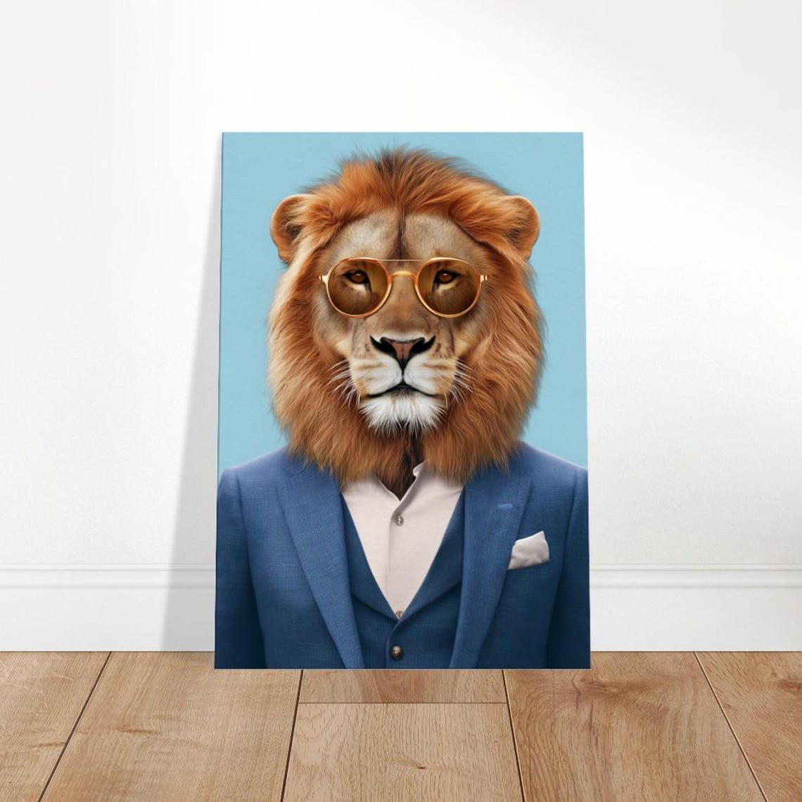 Lion In Blue Suit Gold Sunglasses Dapper Animal Portrait Poster