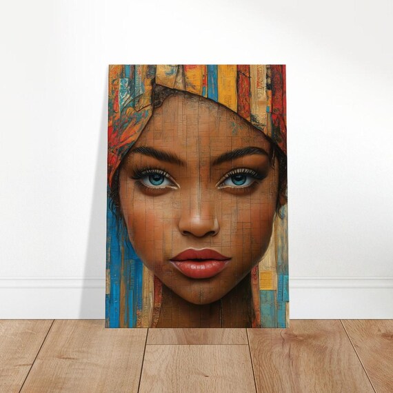 Colorful Woman Portrait Painted Stripes Headwrap Textured Face Art Poster