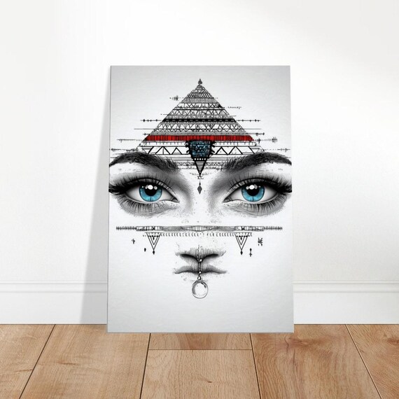 Ancient Gaze Mystical Blue Eyes Geometric Tribal Crown Portrait Poster