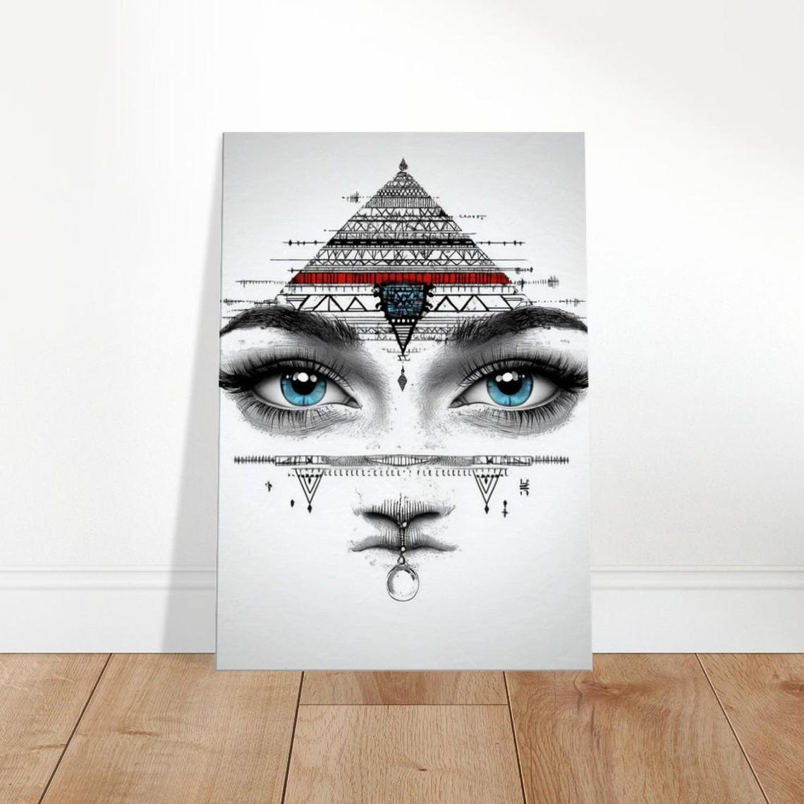 Ancient Gaze Mystical Blue Eyes Geometric Tribal Crown Portrait Poster