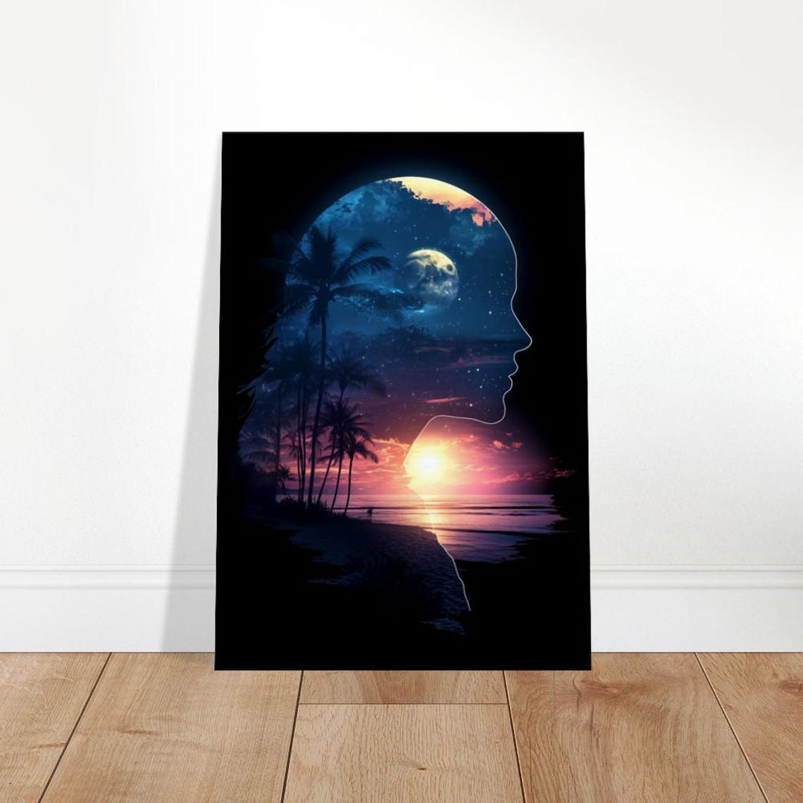 Tropical Moonlight Beach Woman Silhouette Double Exposure Art Print