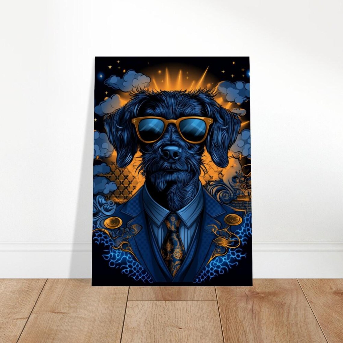 Black Shaggy Dog Blue Suit Gold Shades Neon Portrait Art Poster