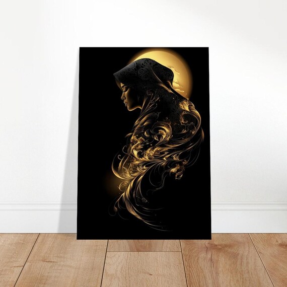 Golden Veiled Woman Silhouette Elegant Black Gold Art Poster