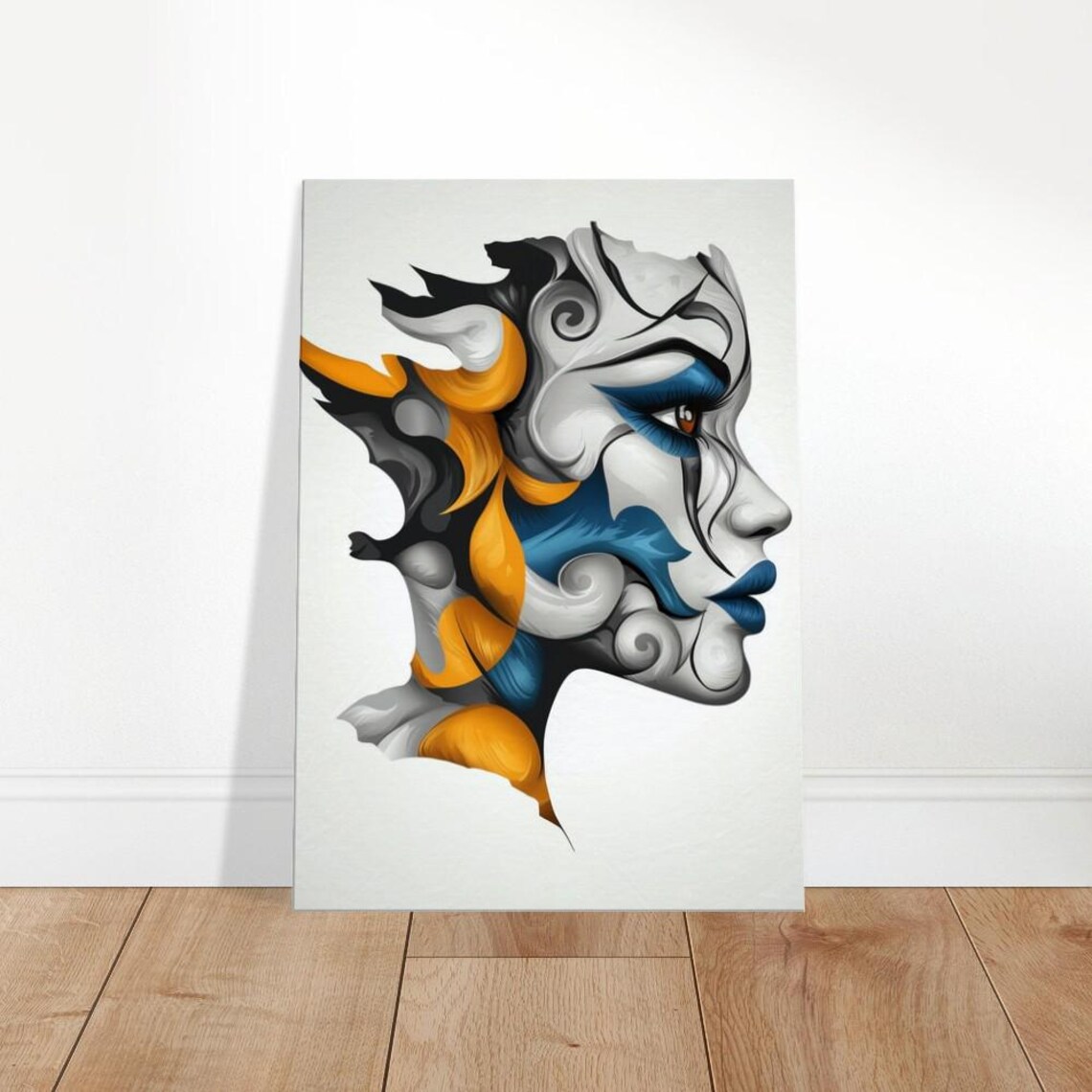 Mystic Gaze Abstract Woman Profile Blue Gold Modern Swirl Wall Art
