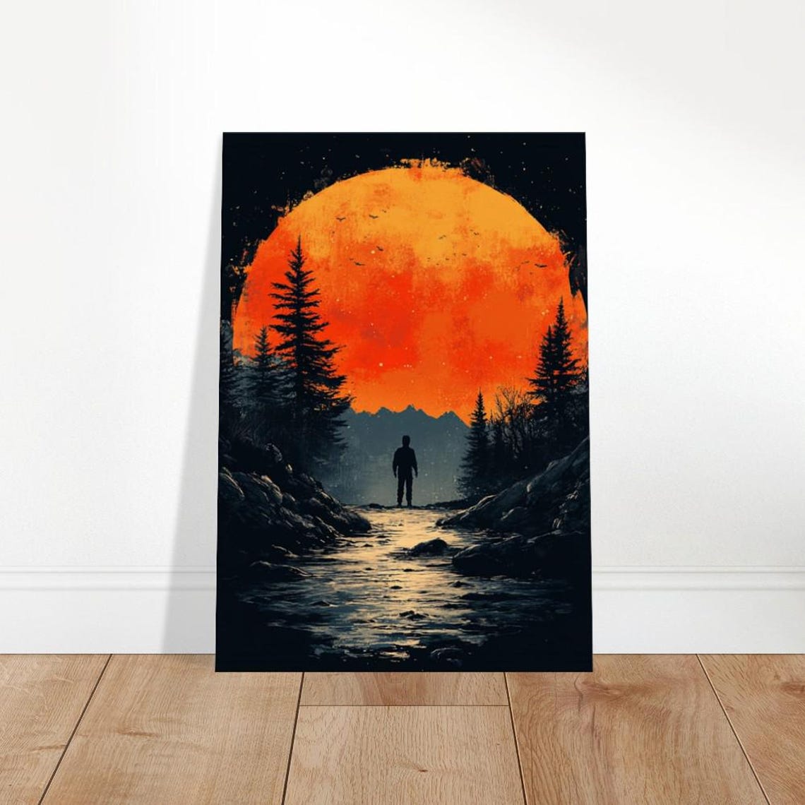 Lone Hiker Under Giant Orange Moon River Pines Adventure Poster