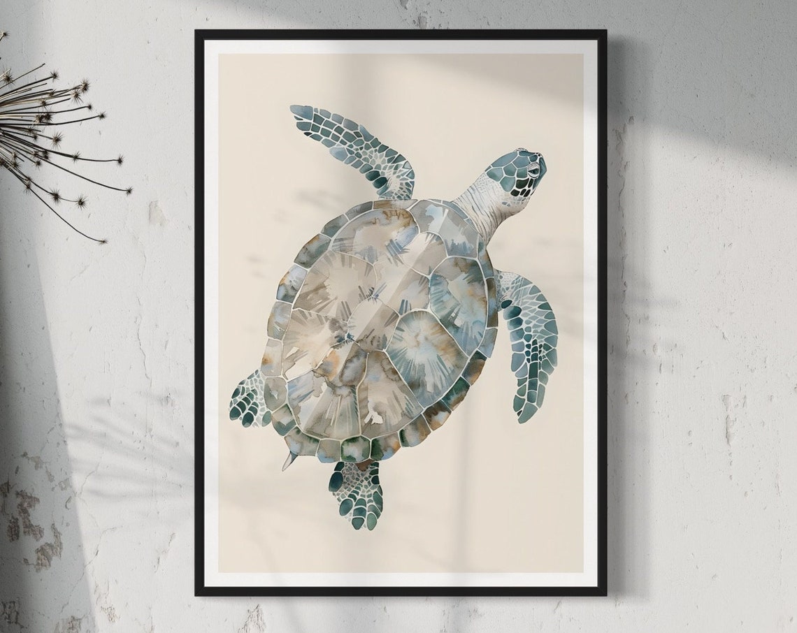 Sea Turtle Watercolor Minimal Coastal Beige Bathroom Art Print