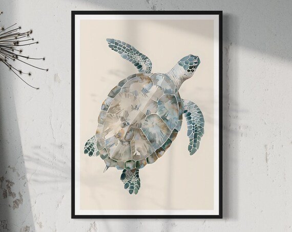 Blue Sea Turtle Art Print Watercolour Abstract Painting Home Office Bathroom Decor Perfect Birthday Gift Sea Life Wall Decor