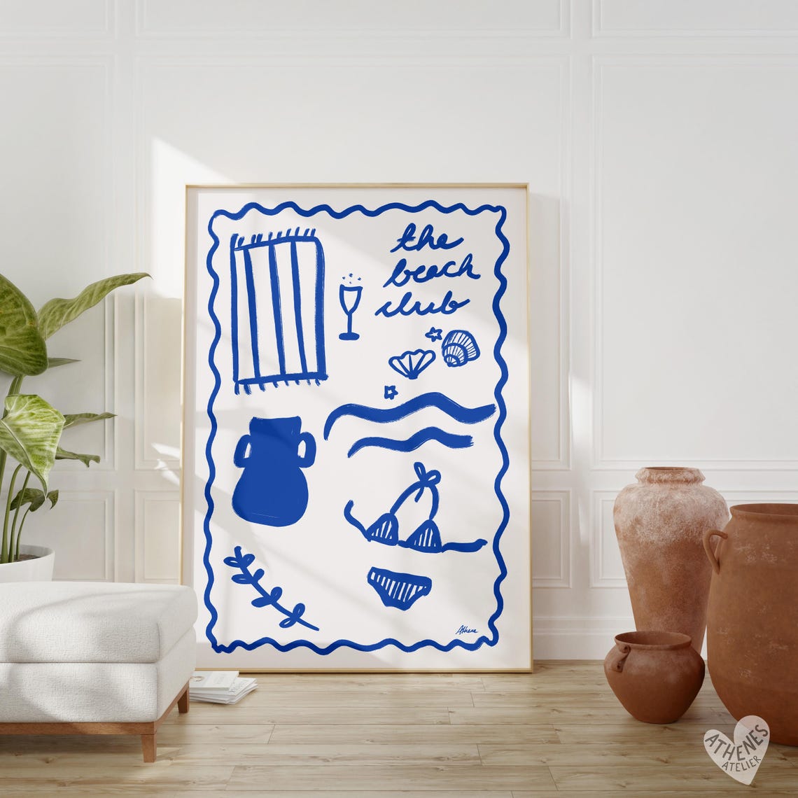 The Beach Club Fun Hand Drawn Blue Coastal Doodle Summer Poster