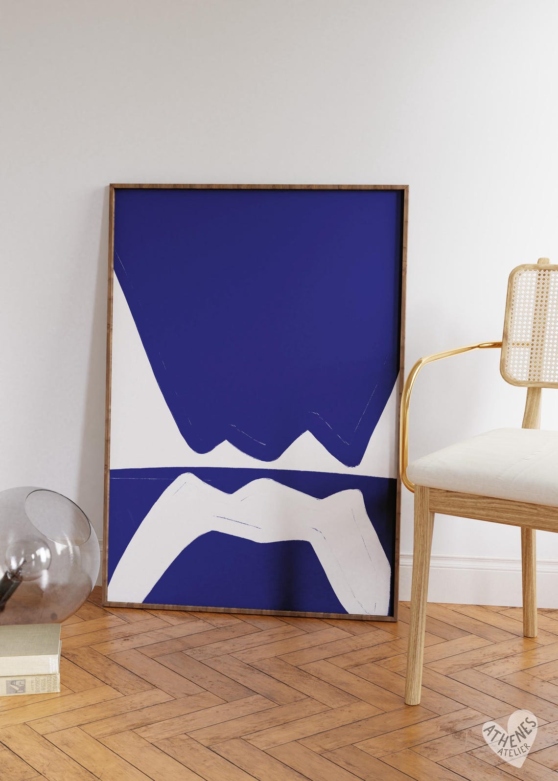 Flowing Navy Blue White Abstract Minimalist Color Block Poster
