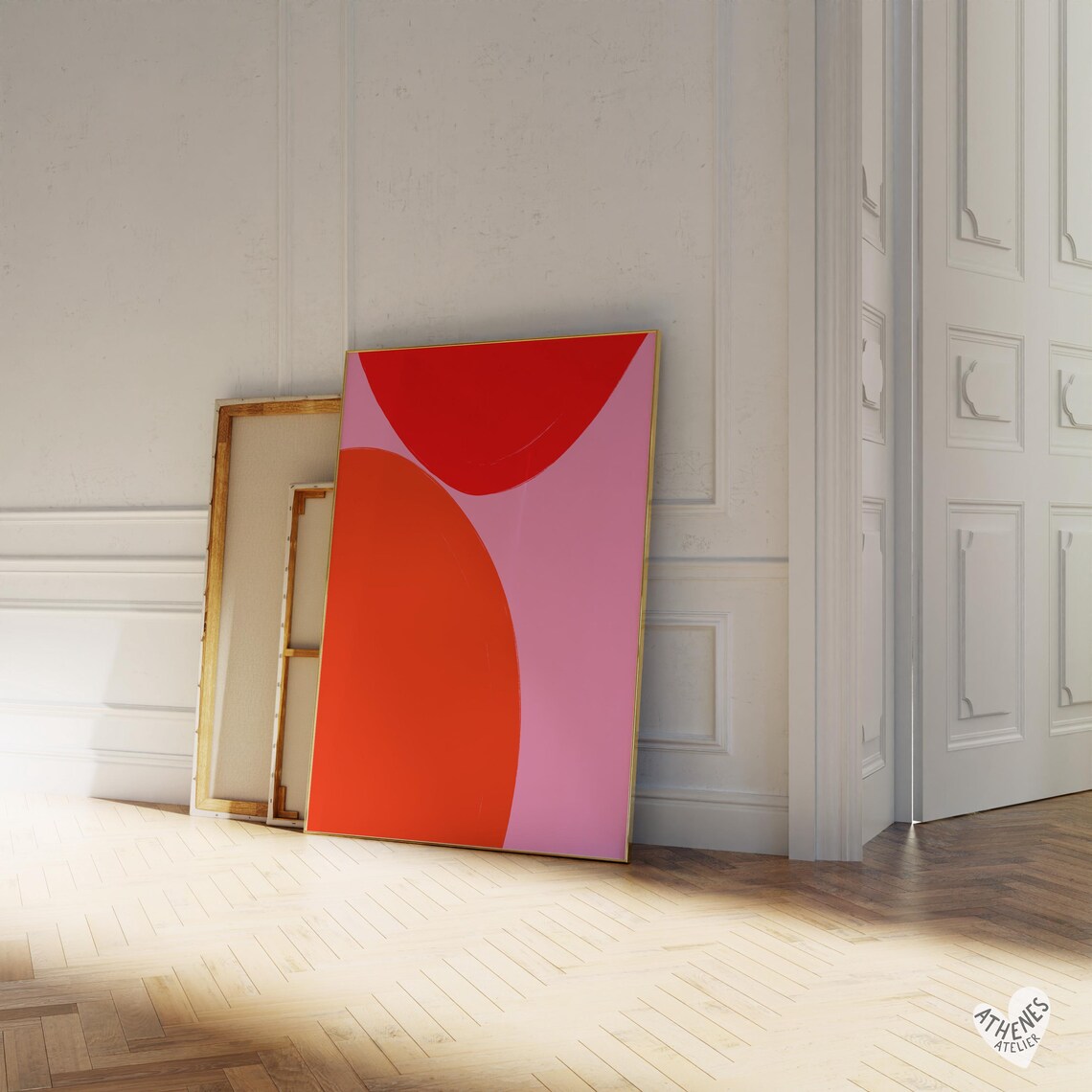 Bold Red and Blush Pink Abstract Curves Mid Century Minimalist Poster