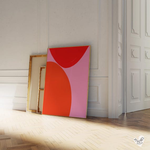Abstract Print Pink And Redorange Shapes Minimalist Art Colorful Mid Century Above Bed Living Room Hand Drawn Pastel Line