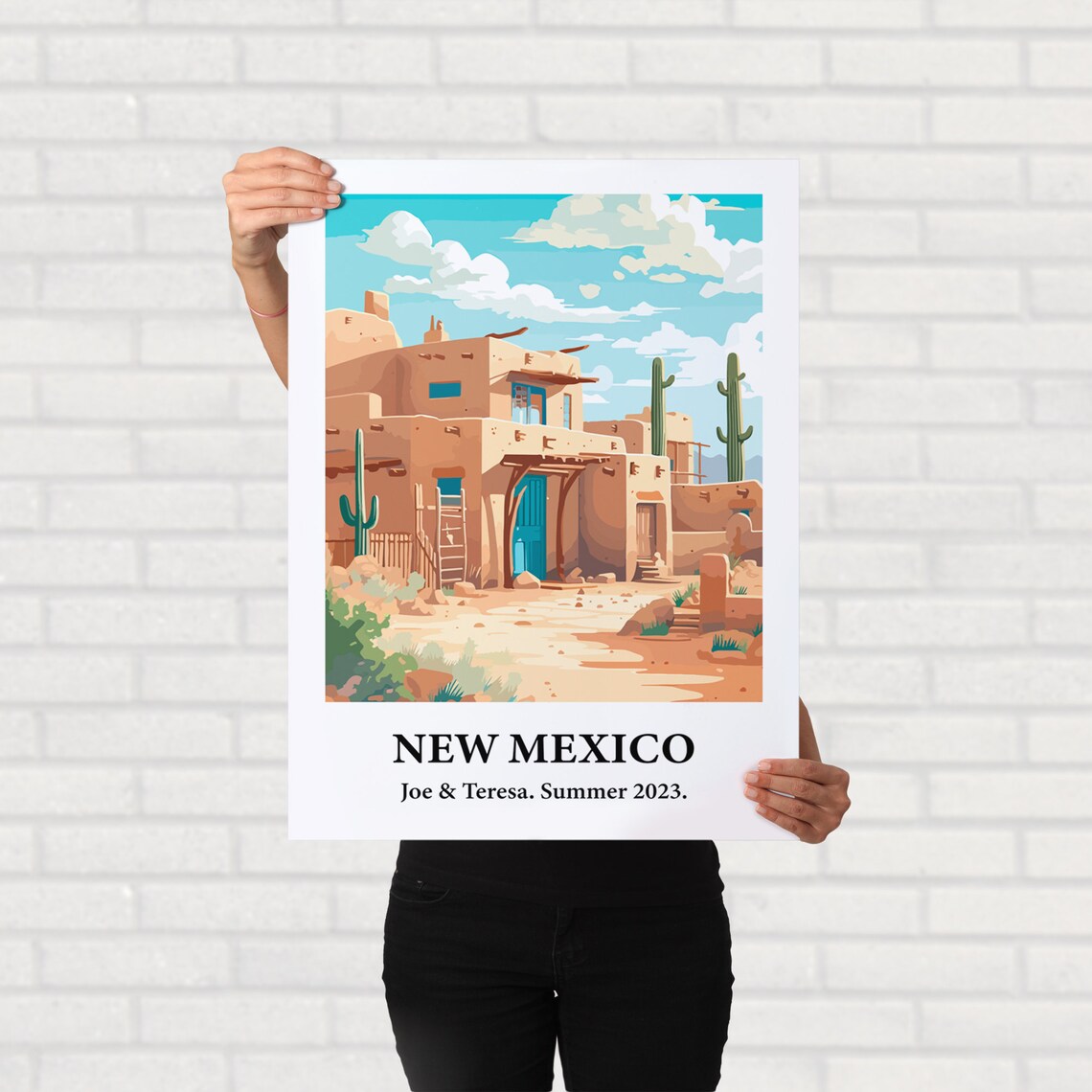 New Mexico Adobe Pueblo Desert Cacti Vintage Style Travel Art Poster - Image 2