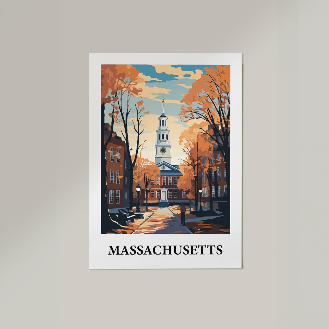 Massachusetts Clock Tower Campus Autumn Vintage Style Travel Poster - Image 2