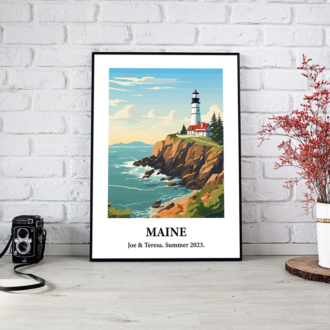 Maine Lighthouse Ocean Cliffs Vintage Style Travel Art Poster - Image 3