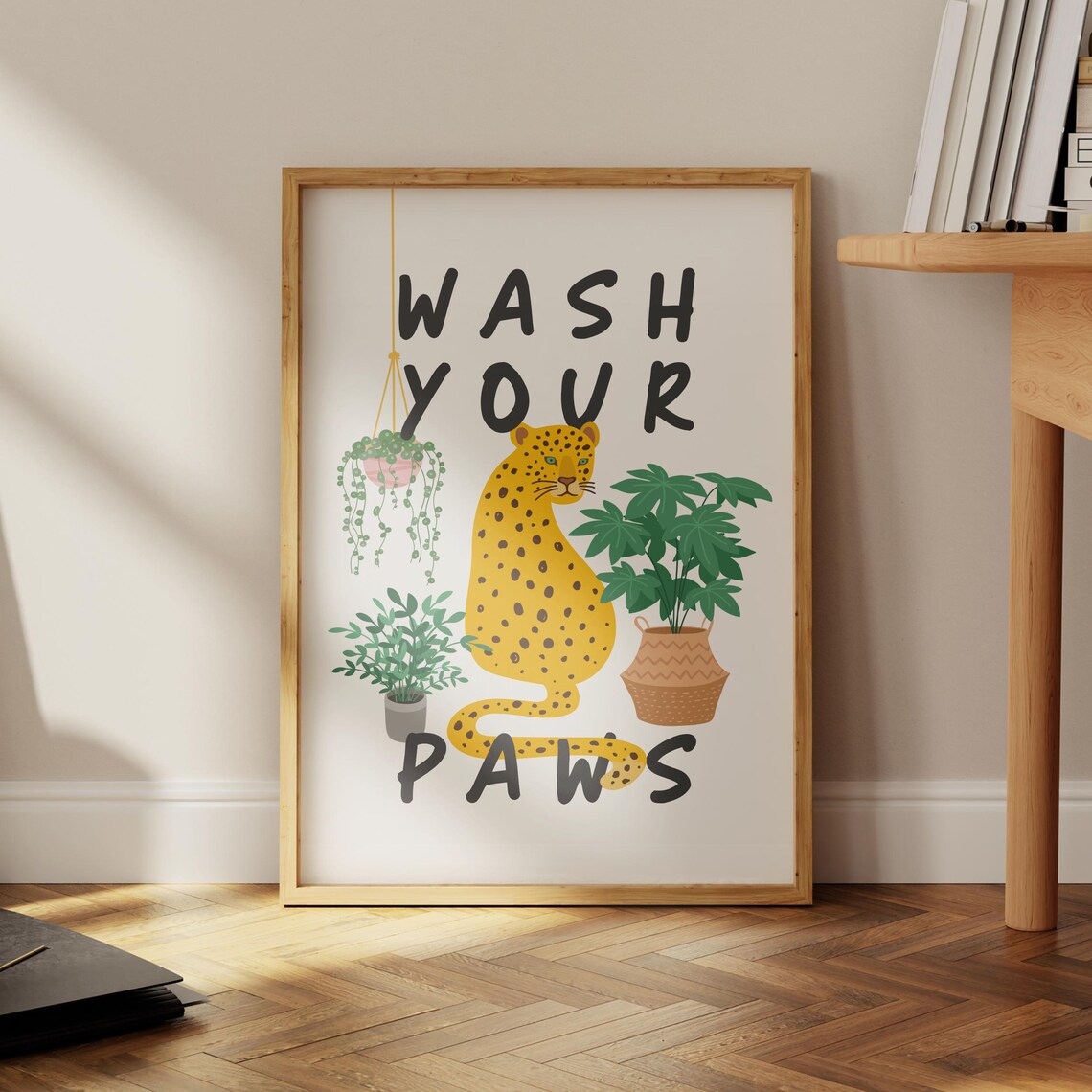 Wash Your Paws Playful Leopard Houseplant Illustration Poster