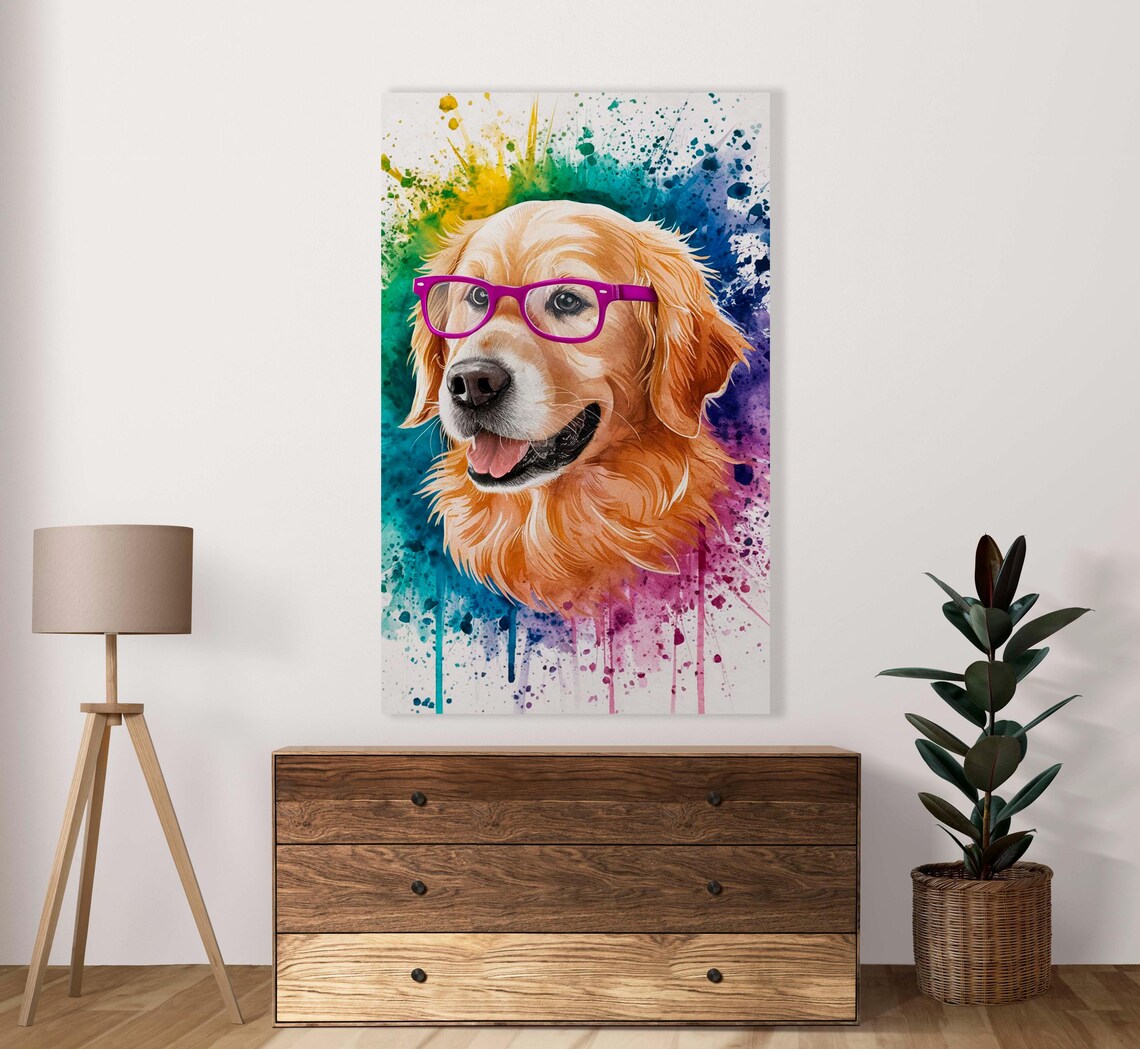 Golden Retriever Wearing Pink Glasses Watercolor Funny Dog Poster