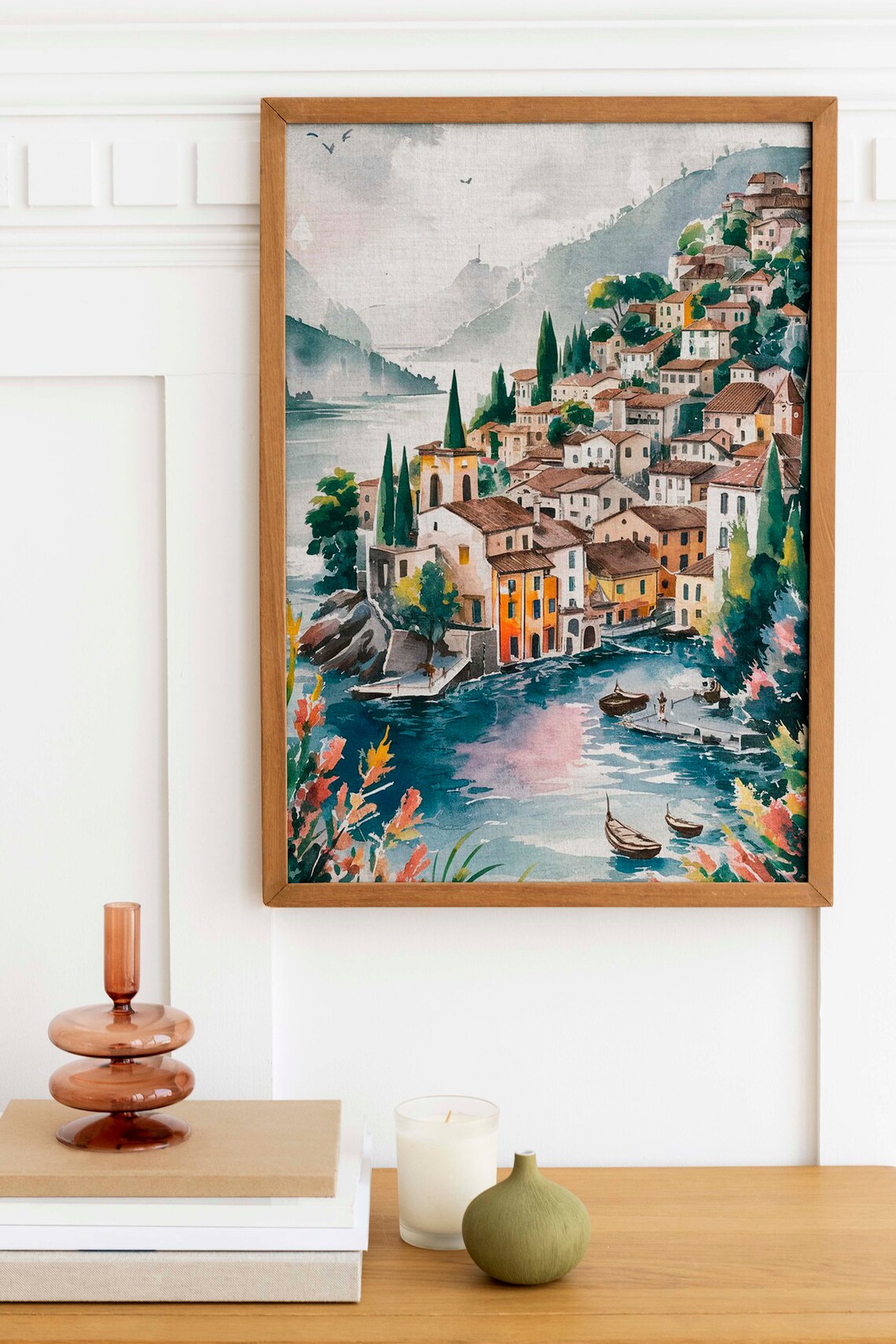 Lakeside Mountain Village Watercolor With Colorful Houses Poster - Image 2