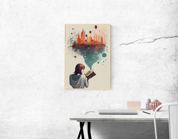 Woman Reading Book Fantasy Floating City Dreamscape Art Poster