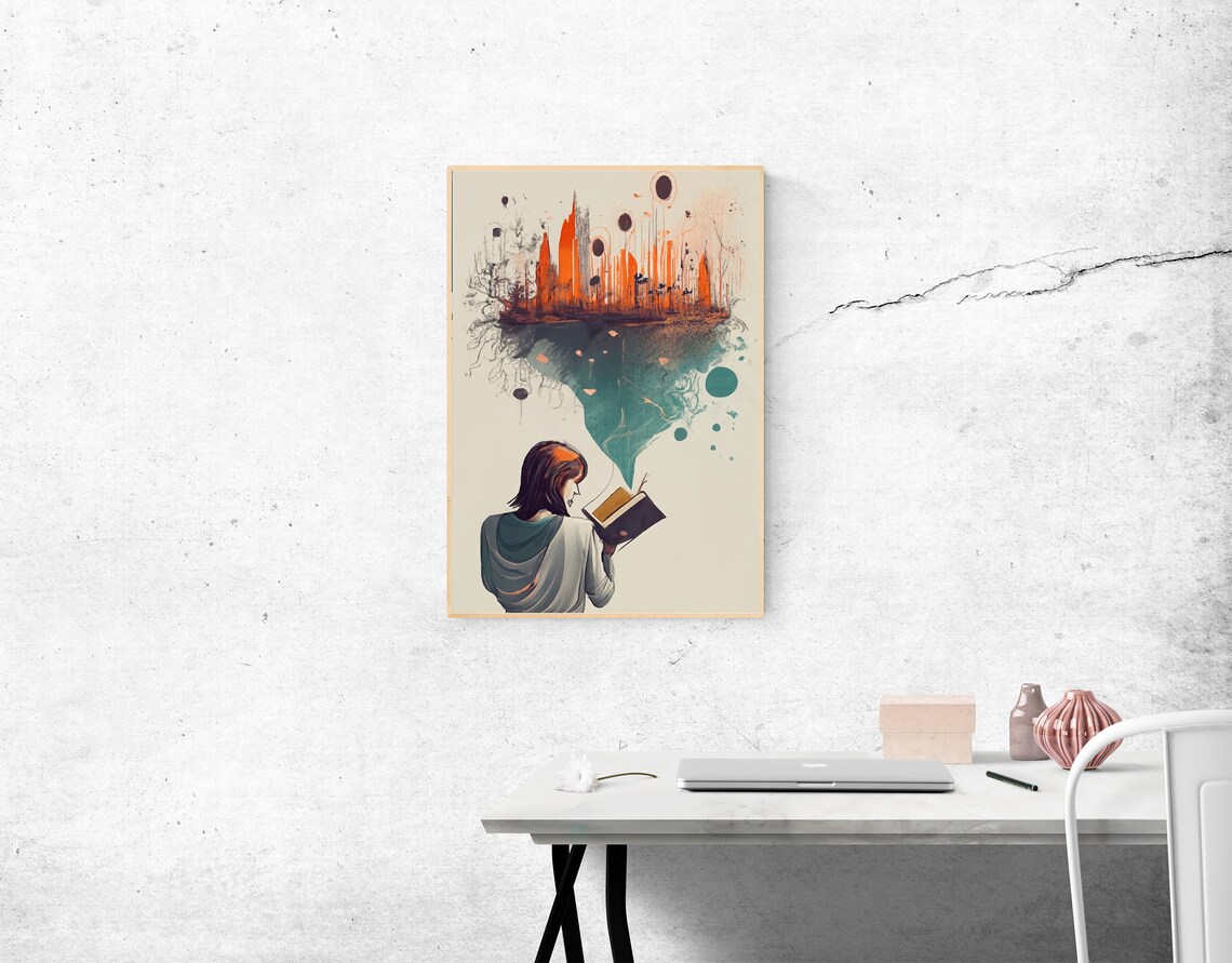 Woman Reading Book Fantasy Floating City Dreamscape Art Poster