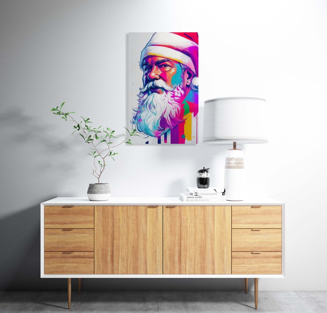 Neon Watercolor Santa Claus Portrait Pink Teal Paint Drips Poster - Image 2
