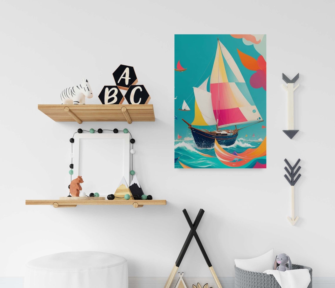 Colorful Sailboat Illustration On Bright Teal Ocean Waves Poster - Image 2