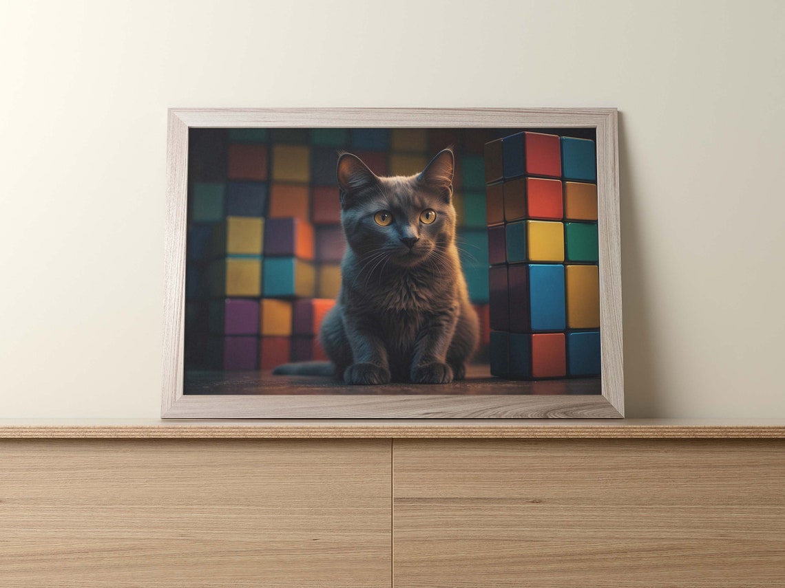 Black Cat With Yellow Eyes Between Glowing Rubiks Cubes Poster - Image 2