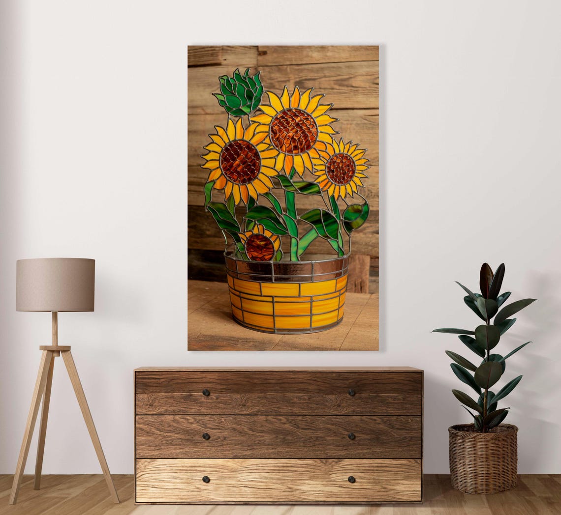 Bright Yellow Sunflowers in Basket Stained Glass Style Art Poster