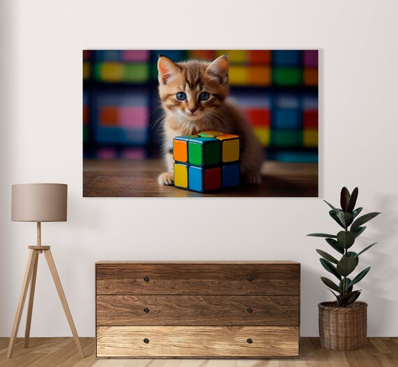 Curious Tabby Kitten With Rubik Cube Colorful Photo Art Poster
