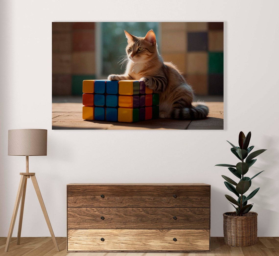 Tabby Cat Leaning On Big Puzzle Cube In Sunlight Photo Poster