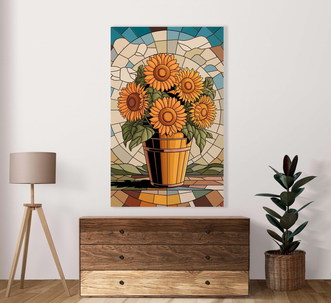 Bright Yellow Sunflowers In Wooden Bucket Stained Glass Art Poster