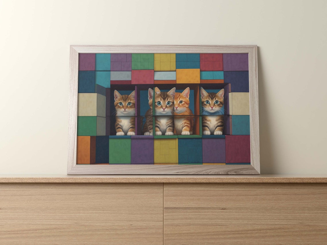 Four Blue Eyed Tabby Kittens Inside Colorful Cube Blocks Poster - Image 2